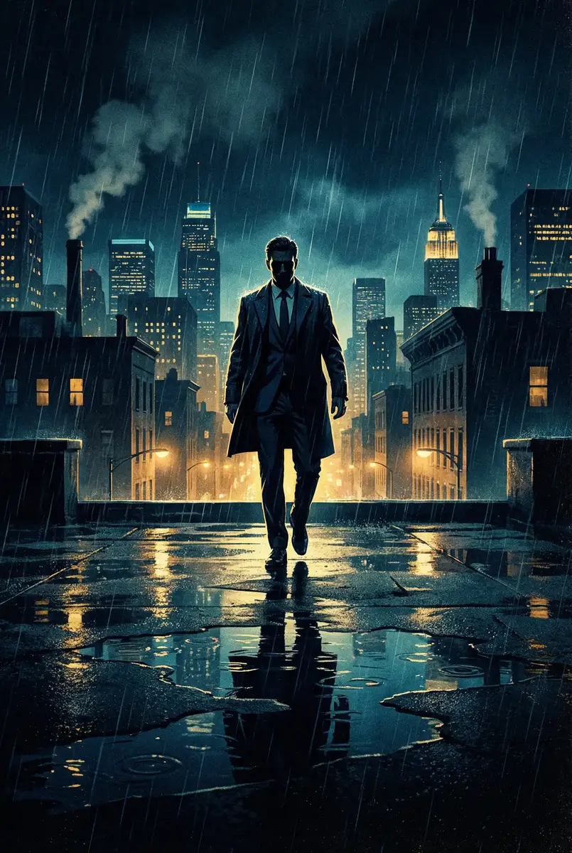 口活 出品影片《雨夜独行者》海报，雨中城市屋顶男性剪影